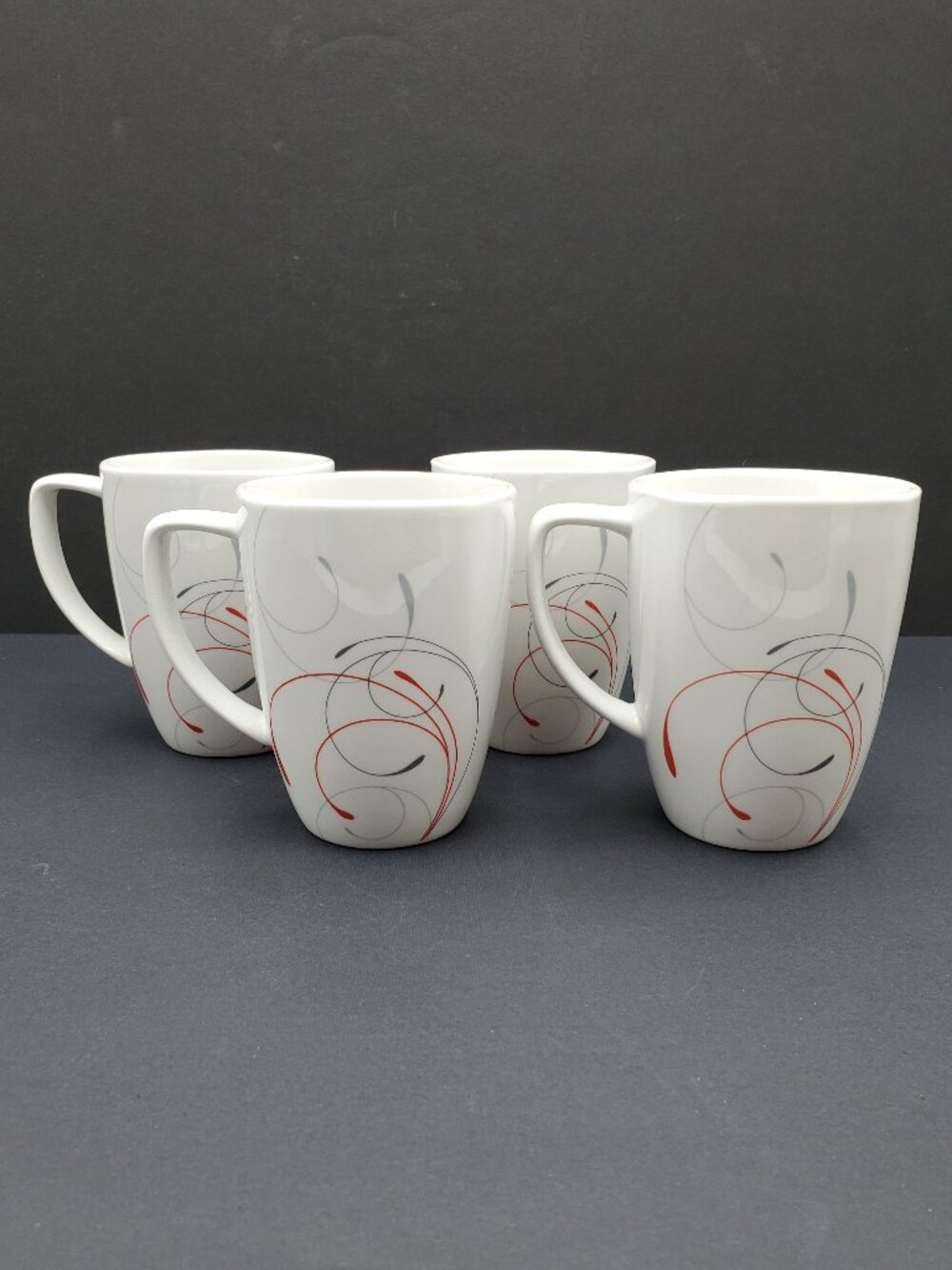 Corelle Splendor Mugs White Porcelain Mugs with Red and Gray Swirls